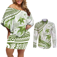Lime Green Polynesia Couples Matching Off Shoulder Short Dress and Long Sleeve Button Shirt Polynesian Turtle Shark Tattoo Tropical Vintage LT14 Lime Green - Polynesian Pride