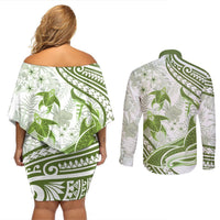 Lime Green Polynesia Couples Matching Off Shoulder Short Dress and Long Sleeve Button Shirt Polynesian Turtle Shark Tattoo Tropical Vintage LT14 - Polynesian Pride