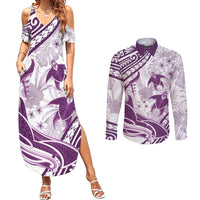 Purple Polynesia Couples Matching Summer Maxi Dress and Long Sleeve Button Shirt Polynesian Turtle Shark Tattoo Tropical Vintage LT14 Purple - Polynesian Pride