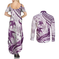 Purple Polynesia Couples Matching Summer Maxi Dress and Long Sleeve Button Shirt Polynesian Turtle Shark Tattoo Tropical Vintage LT14 - Polynesian Pride