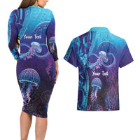 Polynesia Jellyfish Memorial Personalised Couples Matching Long Sleeve Bodycon Dress and Hawaiian Shirt Infinity Jellies Polynesian Pattern