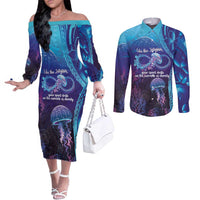 Polynesia Jellyfish Memorial Personalised Couples Matching Off The Shoulder Long Sleeve Dress and Long Sleeve Button Shirt Infinity Jellies Polynesian Pattern LT14 Purple - Polynesian Pride