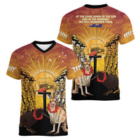 Australia And New Zealand ANZAC Women V-Neck T-Shirt Aussie Kangaroo With Aotearoa Kiwi Lest We Forget