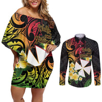 Wallis and Futuna Victory Day Couples Matching Off Shoulder Short Dress and Long Sleeve Button Shirt Liberty Equality Fraternity Polynesian Plumeria