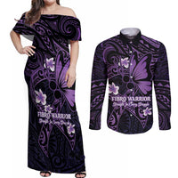 Personalised Fibromyalgia Awareness Month Couples Matching Off Shoulder Maxi Dress and Long Sleeve Button Shirt Fibro Warrior Strength In Every Struggle LT14 Purple - Polynesian Pride