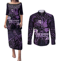 Personalised Fibromyalgia Awareness Month Couples Matching Puletasi and Long Sleeve Button Shirt Fibro Warrior Strength In Every Struggle LT14 Purple - Polynesian Pride