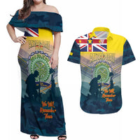 Niue ANZAC Day Couples Matching Off Shoulder Maxi Dress and Hawaiian Shirt We Will Remember Them Camouflage Style