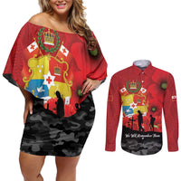 Tonga ANZAC Day Couples Matching Off Shoulder Short Dress and Long Sleeve Button Shirt Ngatu Pattern We Will Remember Them LT14 Red - Polynesian Pride