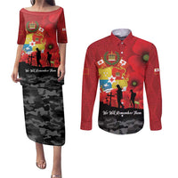 Tonga ANZAC Day Couples Matching Puletasi and Long Sleeve Button Shirt Ngatu Pattern We Will Remember Them LT14 Red - Polynesian Pride