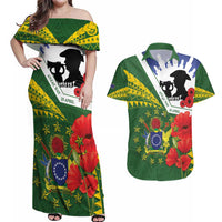Cook Islands ANZAC Day Couples Matching Off Shoulder Maxi Dress and Hawaiian Shirt Last Post Lest We Forget LT14 Green - Polynesian Pride