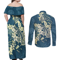 Cyan Polynesia Hammerhead Shark Tattoo With Plumeria Lei Couples Matching Off Shoulder Maxi Dress and Long Sleeve Button Shirt LT14 - Polynesian Pride