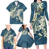 Cyan Polynesia Hammerhead Shark Tattoo With Plumeria Lei Family Matching Long Sleeve Bodycon Dress and Hawaiian Shirt