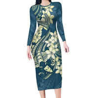 Cyan Polynesia Hammerhead Shark Tattoo With Plumeria Lei Family Matching Long Sleeve Bodycon Dress and Hawaiian Shirt