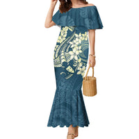 Cyan Polynesia Hammerhead Shark Tattoo With Plumeria Lei Family Matching Mermaid Dress and Hawaiian Shirt