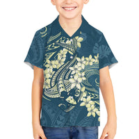 Cyan Polynesia Hammerhead Shark Tattoo With Plumeria Lei Family Matching Off The Shoulder Long Sleeve Dress and Hawaiian Shirt