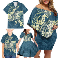 Cyan Polynesia Hammerhead Shark Tattoo With Plumeria Lei Family Matching Off Shoulder Short Dress and Hawaiian Shirt