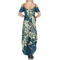 Cyan Polynesia Hammerhead Shark Tattoo With Plumeria Lei Family Matching Summer Maxi Dress and Hawaiian Shirt