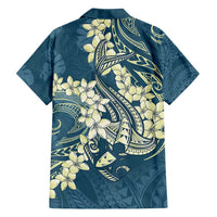 Cyan Polynesia Hammerhead Shark Tattoo With Plumeria Lei Family Matching Tank Maxi Dress and Hawaiian Shirt