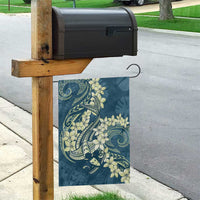 Cyan Polynesia Hammerhead Shark Tattoo With Plumeria Lei Garden Flag