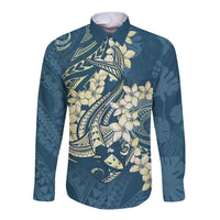 Cyan Polynesia Hammerhead Shark Tattoo With Plumeria Lei Long Sleeve Button Shirt LT14 Unisex Cyan - Polynesian Pride