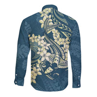 Cyan Polynesia Hammerhead Shark Tattoo With Plumeria Lei Long Sleeve Button Shirt LT14 - Polynesian Pride