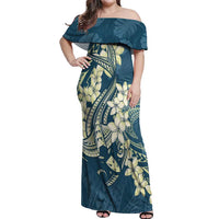 Cyan Polynesia Hammerhead Shark Tattoo With Plumeria Lei Off Shoulder Maxi Dress