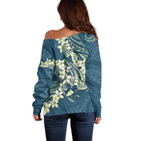 Cyan Polynesia Hammerhead Shark Tattoo With Plumeria Lei Off Shoulder Sweater