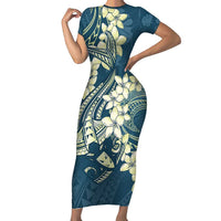 Cyan Polynesia Hammerhead Shark Tattoo With Plumeria Lei Short Sleeve Bodycon Dress