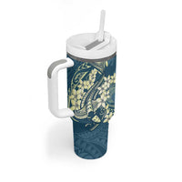 Cyan Polynesia Hammerhead Shark Tattoo With Plumeria Lei Tumbler With Handle