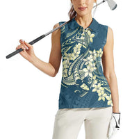 Cyan Polynesia Hammerhead Shark Tattoo With Plumeria Lei Women Sleeveless Polo Shirt