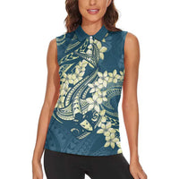 Cyan Polynesia Hammerhead Shark Tattoo With Plumeria Lei Women Sleeveless Polo Shirt
