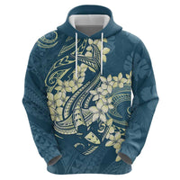 Cyan Polynesia Hammerhead Shark Tattoo With Plumeria Lei Zip Hoodie