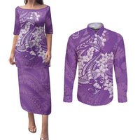 Purple Polynesia Hammerhead Shark Tattoo With Plumeria Lei Couples Matching Puletasi and Long Sleeve Button Shirt LT14 Purple - Polynesian Pride