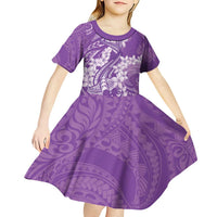 Purple Polynesia Hammerhead Shark Tattoo With Plumeria Lei Kid Short Sleeve Dress LT14 - Polynesian Pride