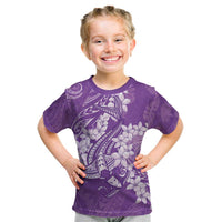 Purple Polynesia Hammerhead Shark Tattoo With Plumeria Lei Kid T Shirt