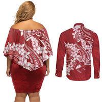 Red Polynesia Hammerhead Shark Tattoo With Plumeria Lei Couples Matching Off Shoulder Short Dress and Long Sleeve Button Shirt LT14 - Polynesian Pride