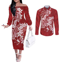 Red Polynesia Hammerhead Shark Tattoo With Plumeria Lei Couples Matching Off The Shoulder Long Sleeve Dress and Long Sleeve Button Shirt