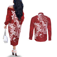 Red Polynesia Hammerhead Shark Tattoo With Plumeria Lei Couples Matching Off The Shoulder Long Sleeve Dress and Long Sleeve Button Shirt