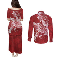 Red Polynesia Hammerhead Shark Tattoo With Plumeria Lei Couples Matching Puletasi and Long Sleeve Button Shirt LT14 - Polynesian Pride