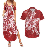 Red Polynesia Hammerhead Shark Tattoo With Plumeria Lei Couples Matching Summer Maxi Dress and Hawaiian Shirt LT14 Red - Polynesian Pride