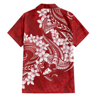 Red Polynesia Hammerhead Shark Tattoo With Plumeria Lei Family Matching Off The Shoulder Long Sleeve Dress and Hawaiian Shirt