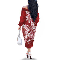 Red Polynesia Hammerhead Shark Tattoo With Plumeria Lei Family Matching Off The Shoulder Long Sleeve Dress and Hawaiian Shirt