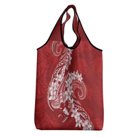 Red Polynesia Hammerhead Shark Tattoo With Plumeria Lei Grocery Bag LT14 - Polynesian Pride