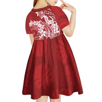 Red Polynesia Hammerhead Shark Tattoo With Plumeria Lei Kid Short Sleeve Dress LT14 - Polynesian Pride