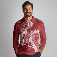 Red Polynesia Hammerhead Shark Tattoo With Plumeria Lei Long Sleeve Polo Shirt