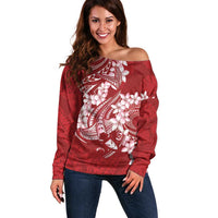 Red Polynesia Hammerhead Shark Tattoo With Plumeria Lei Off Shoulder Sweater