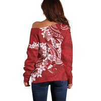 Red Polynesia Hammerhead Shark Tattoo With Plumeria Lei Off Shoulder Sweater