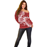 Red Polynesia Hammerhead Shark Tattoo With Plumeria Lei Off Shoulder Sweater