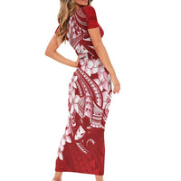 Red Polynesia Hammerhead Shark Tattoo With Plumeria Lei Short Sleeve Bodycon Dress
