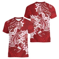 Red Polynesia Hammerhead Shark Tattoo With Plumeria Lei Women V-Neck T-Shirt